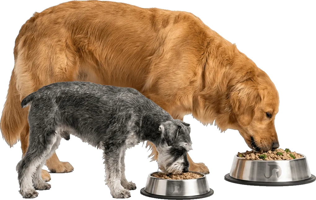 Two dogs eating Dipdog meals